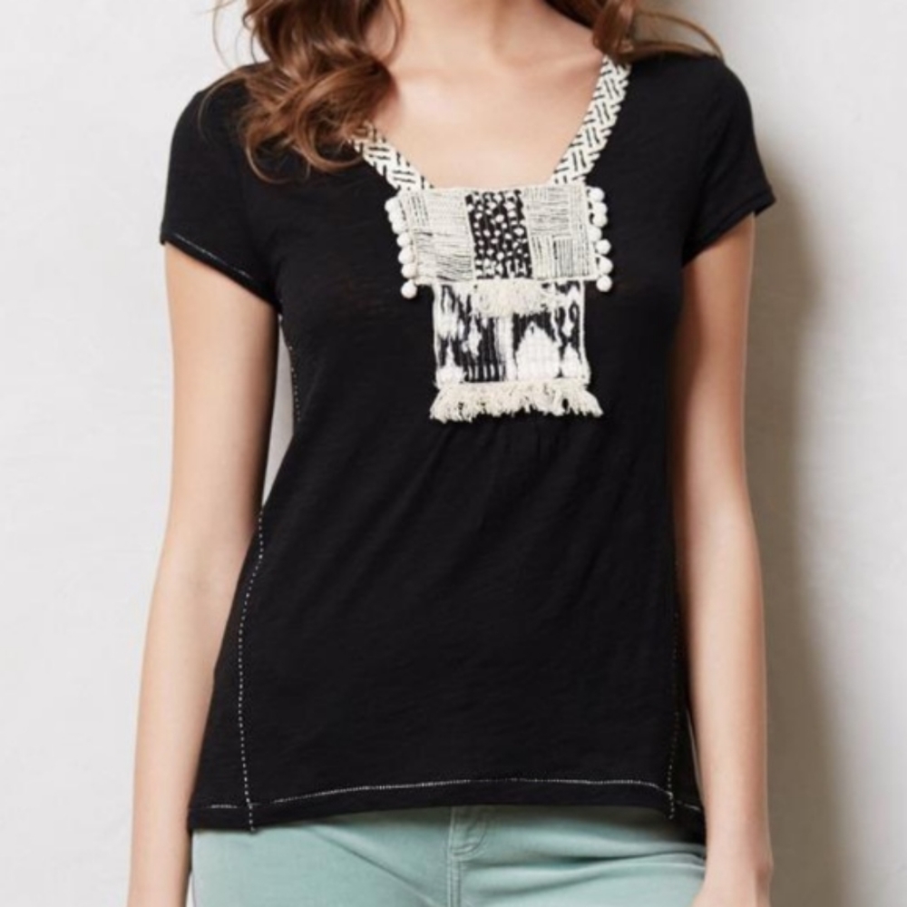 Anthropologie Meadow Rue Embroidered Pom Pom top xs